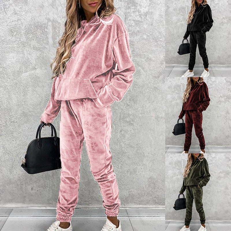 2020 Winter Hooded Velvet Tracksuit for Women Pink - Image 2
