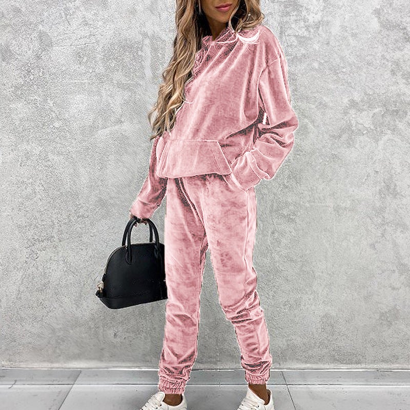 2020 Winter Hooded Velvet Tracksuit for Women Pink - Image 1