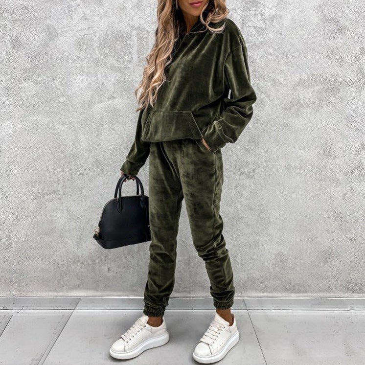 2020 Winter Hooded Velvet Tracksuit for Women Pink - Image 5