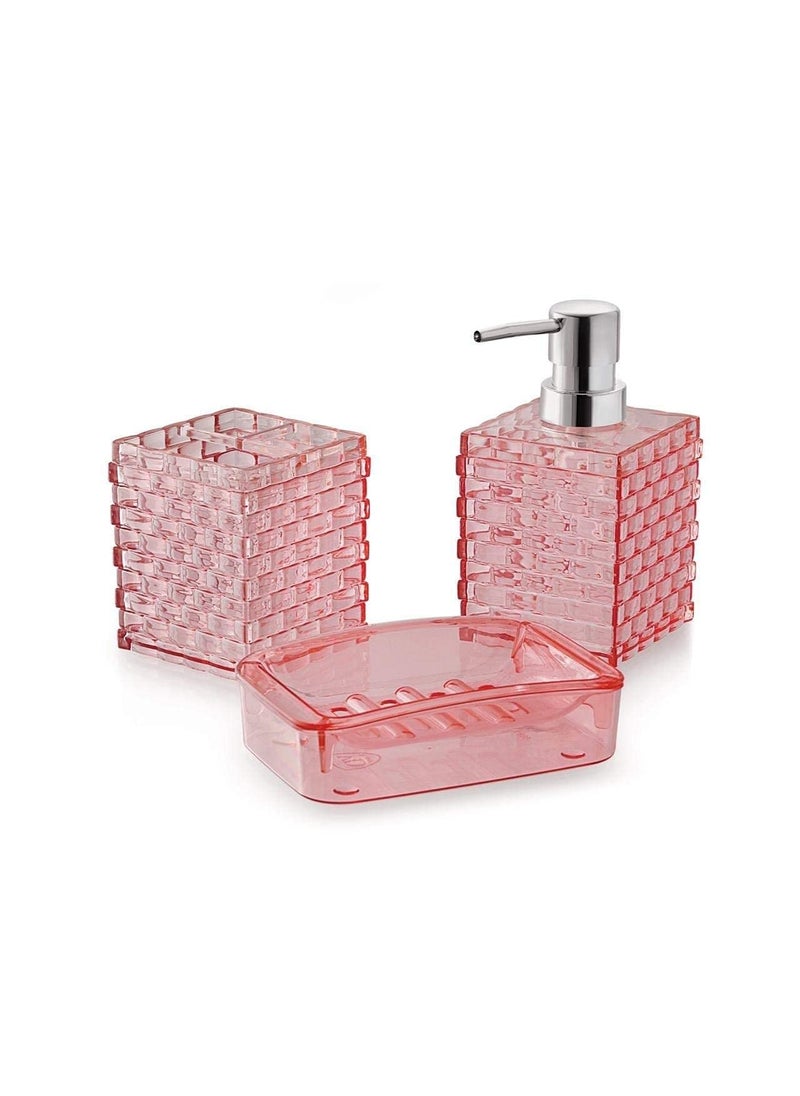 HOUSE HATCH HOUSE HATCH Acrylic Cuboid Shaped Bathroom set3pc Liquid Soap Dispenser Brush Toothpaste Holder Soap Dish Holder Set Ideal for Room Bathroom Luxury Hotel Bathroom Pink  - Image 1