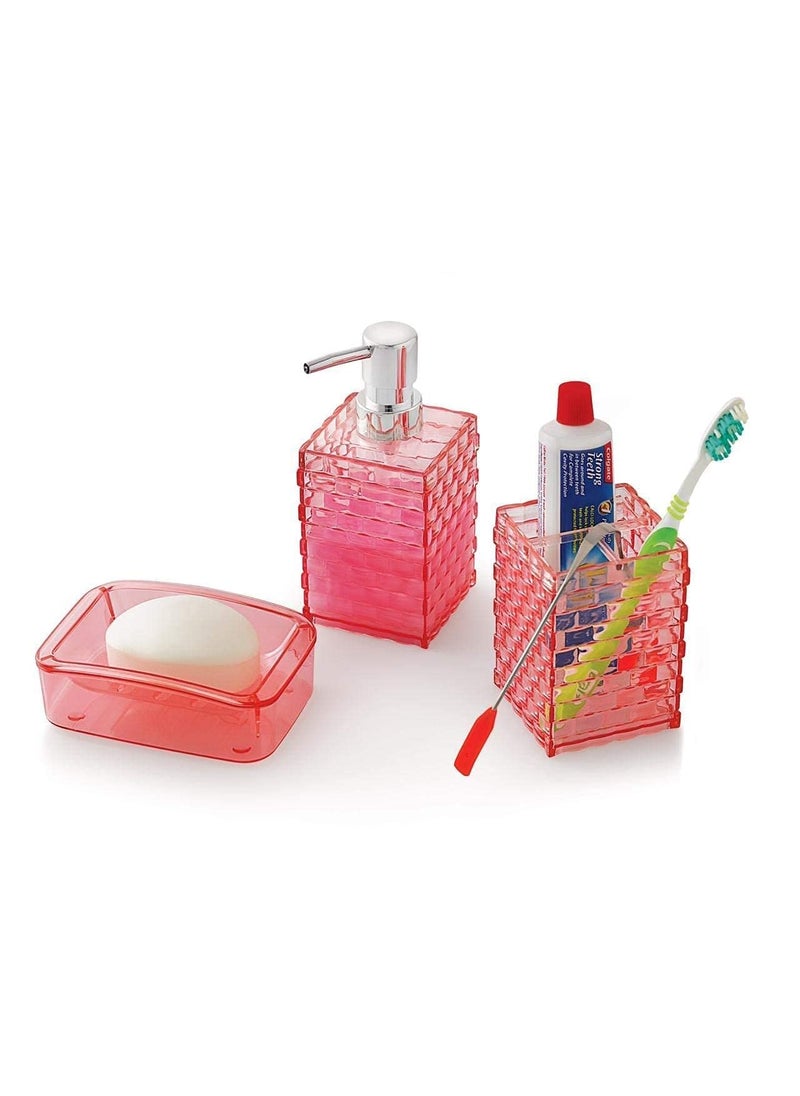 HOUSE HATCH HOUSE HATCH Acrylic Cuboid Shaped Bathroom set3pc Liquid Soap Dispenser Brush Toothpaste Holder Soap Dish Holder Set Ideal for Room Bathroom Luxury Hotel Bathroom Pink  - Image 2