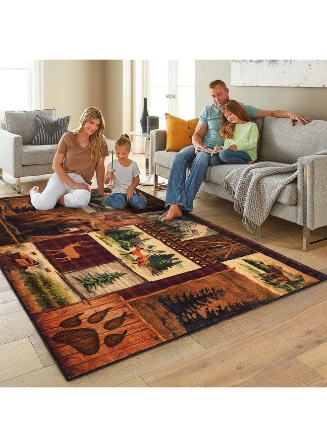 ASPMIZ ASPMIZ Farmhouse Area Rug 5x7, Buffalo Plaid Lodge Bear Moose Deer Living Room Rugs Washable, Rustic Cabin Wildlife Bedroom Throw Rugs Non Slip Floor Carpet Large Brown, Vintage Country Home Decor  - Image 1