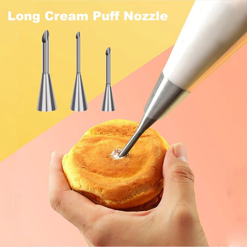 Suuker 3pcs/set Cream Icing Piping Nozzle Tips, Professional Stainless Steel Long Cream Puff Nozzle Decor Small Pastry Icing Piping Decorating Tools(Silver) - Image 2