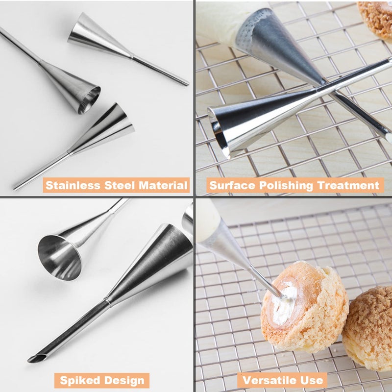 Suuker 3pcs/set Cream Icing Piping Nozzle Tips, Professional Stainless Steel Long Cream Puff Nozzle Decor Small Pastry Icing Piping Decorating Tools(Silver) - Image 4