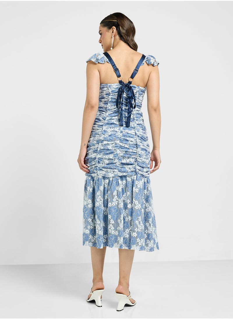 Just Me - Ruffle Sleeve Ruched Dress - Image 1