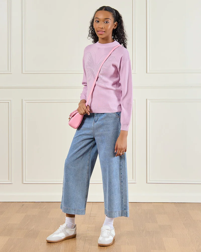 REDTAG Senior Girls Lilac Embellished  With Butterfly  Pullover