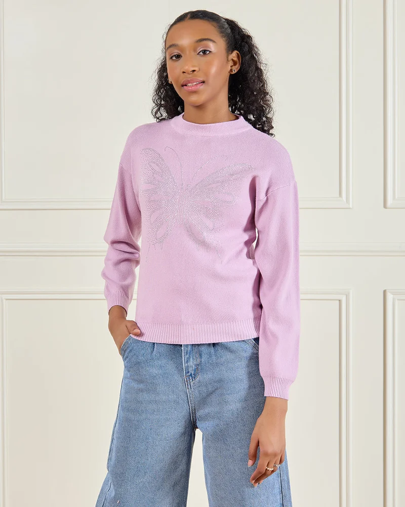 REDTAG Senior Girls Lilac Embellished  With Butterfly  Pullover