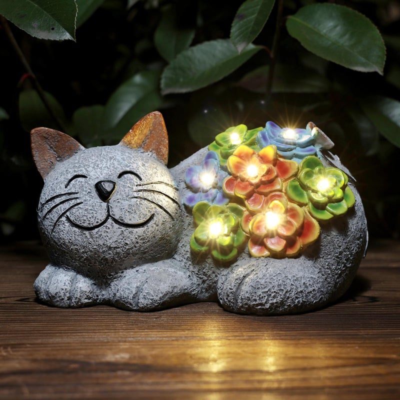 Otdair Solar Garden Decor Cat Cat Lover Gifts with Succulent and 7 LED Lights for OutsideOutdoor Solar Lights for Yard Garden and Patio Unique Gift for Women