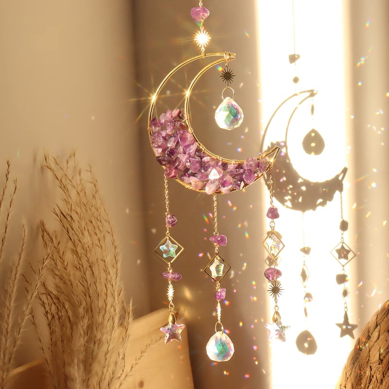LPKADQA Amethyst Crystals Suncatcher  Hanging Moon Sun Catcher with Glass Prisms for Windows Healing Amethyst Crystal Decor for Home Gift for Christmas Birthday Valentine Mothers Day 