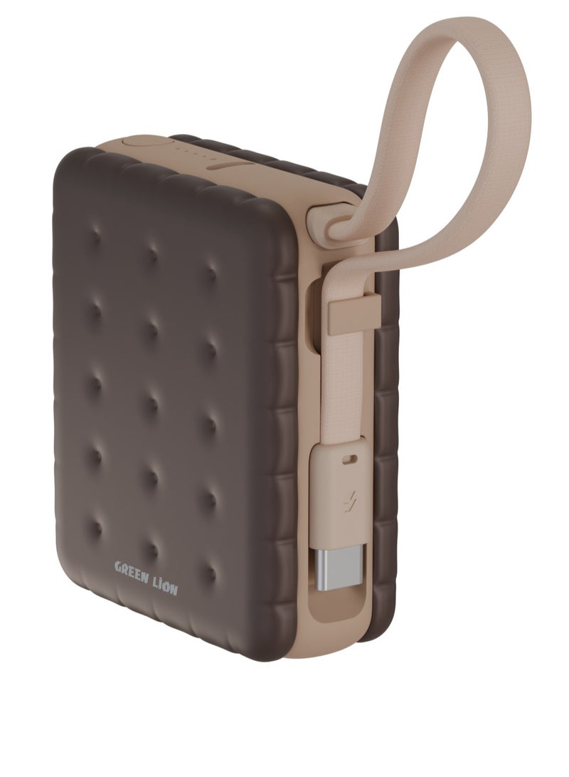 GREEN LION 10000mAh Baker PD 20W Power Bank, Portable PowerBank with Pocket Size Slim Design, 2 in 1 Built In Cable & Lanyard, 20W PD Fast Charging, Flight Approved Power Bank with LED Battery Indicator, Safety Protection, Dual Device Charing - Mocha - Image 1