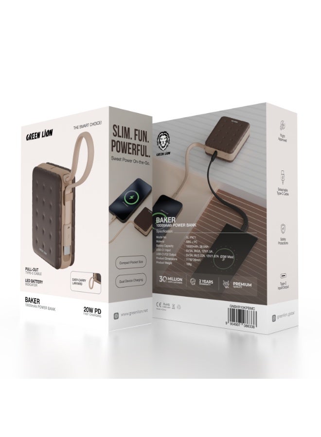 GREEN LION 10000mAh Baker PD 20W Power Bank, Portable PowerBank with Pocket Size Slim Design, 2 in 1 Built In Cable & Lanyard, 20W PD Fast Charging, Flight Approved Power Bank with LED Battery Indicator, Safety Protection, Dual Device Charing - Mocha - Image 3