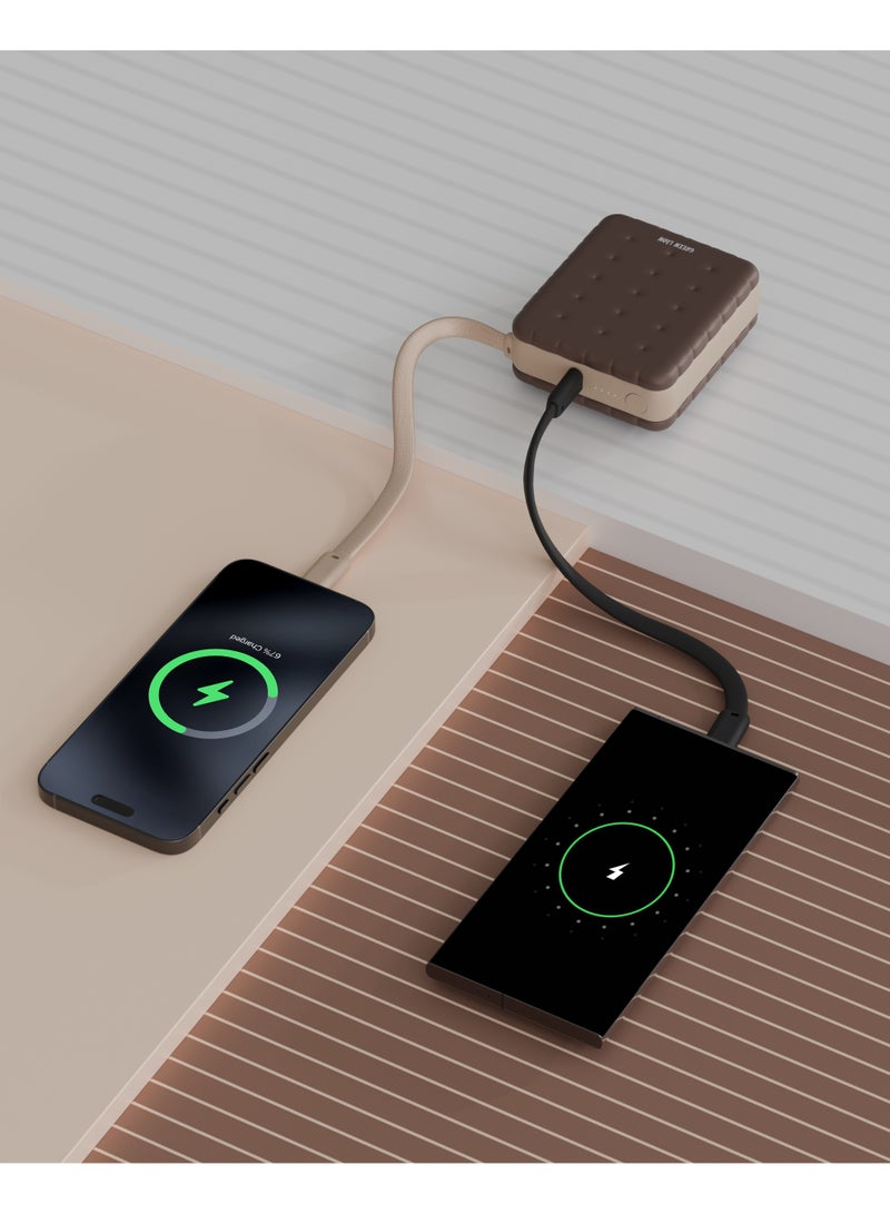 GREEN LION 10000mAh Baker PD 20W Power Bank, Portable PowerBank with Pocket Size Slim Design, 2 in 1 Built In Cable & Lanyard, 20W PD Fast Charging, Flight Approved Power Bank with LED Battery Indicator, Safety Protection, Dual Device Charing - Mocha - Image 2