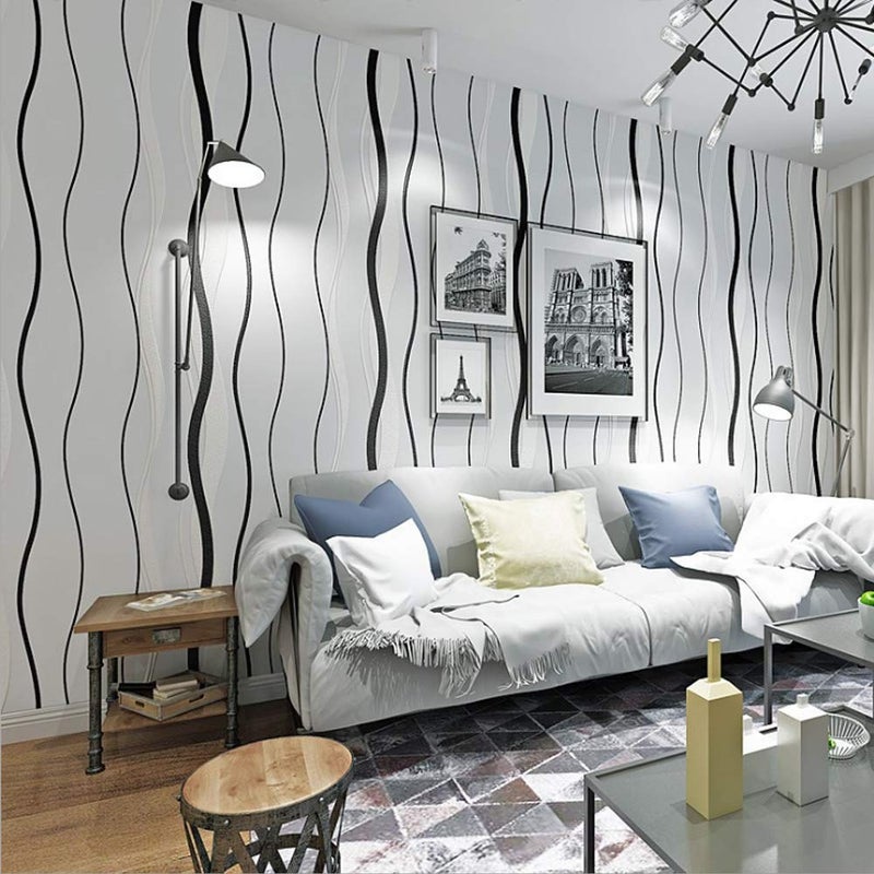 DAWEI Modern Minimalist Nordic Style Geometric Wave Pattern NonWoven Wallpaper Black and White Vertical Stripes Bedroom Living Room TV Background 173W x 328L NonPasted Cream