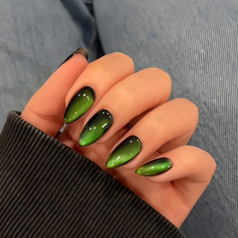 KQueenest Neon Green Cat Eye Press on Nails Almond, 30 Pcs Glitter Fake Nails Medium Stiletto, Bright Vibrant Lime Green Black Nails Press ons, Gothic Shiny Bling Stick on Nails for Women Party Prom - Image 1