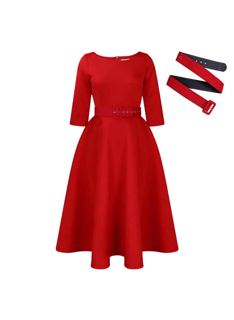 Generic - Fashionable Black Womens Dress Simple Elegant A- line For All Seasons Hot Selling Clothing Export Quality For Women red + belt - Image 1