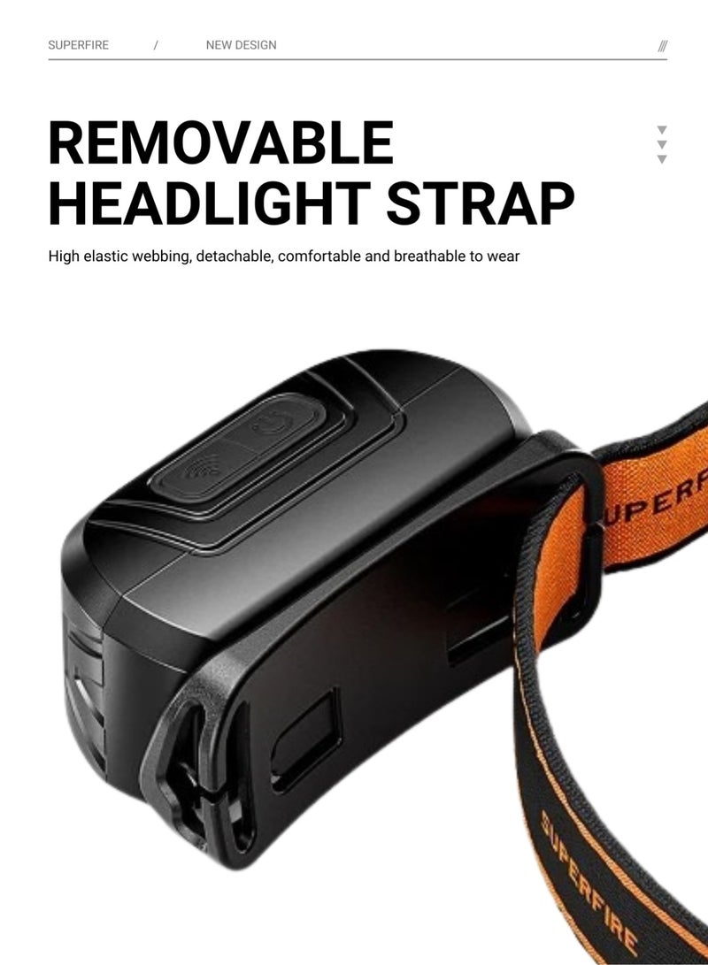 SUPERFIRE LED Headlamp Rechargeable, Super Bright Motion Sensor Head Lamp, 5 Modes, Waterproof Headlight Flashlight for Camping & Hiking Gear Essentials, IPX4, Motion Sensor Switch - Image 5