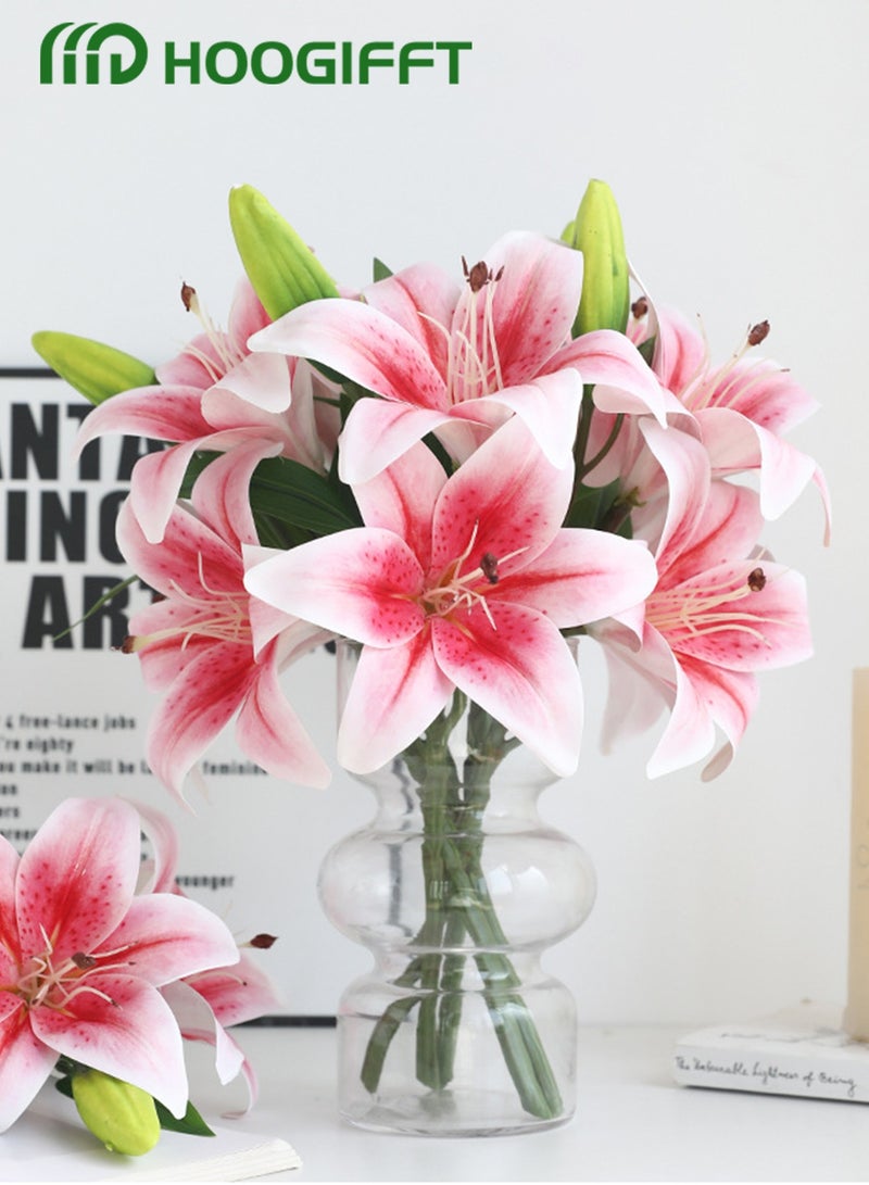HOOGIFFT 5 Pcs Artificial Lily With 2 blooms and 1 bud, real touch latex flower, Pink - Image 3