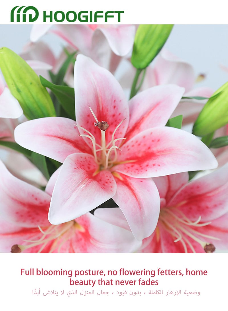 HOOGIFFT 5 Pcs Artificial Lily With 2 blooms and 1 bud, real touch latex flower, Pink - Image 4