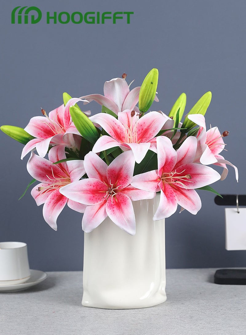 HOOGIFFT 5 Pcs Artificial Lily With 2 blooms and 1 bud, real touch latex flower, Pink - Image 1