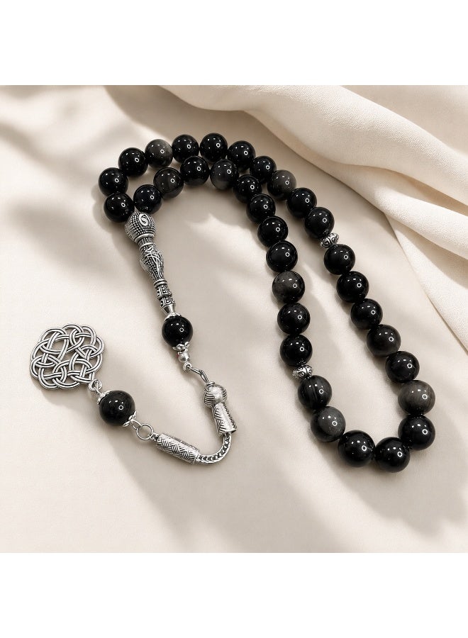 33-Bead Natural Silver Sheen Obsidian Tasbih, 10mm Islamic Prayer Beads with Vintage Silver Details - Image 3
