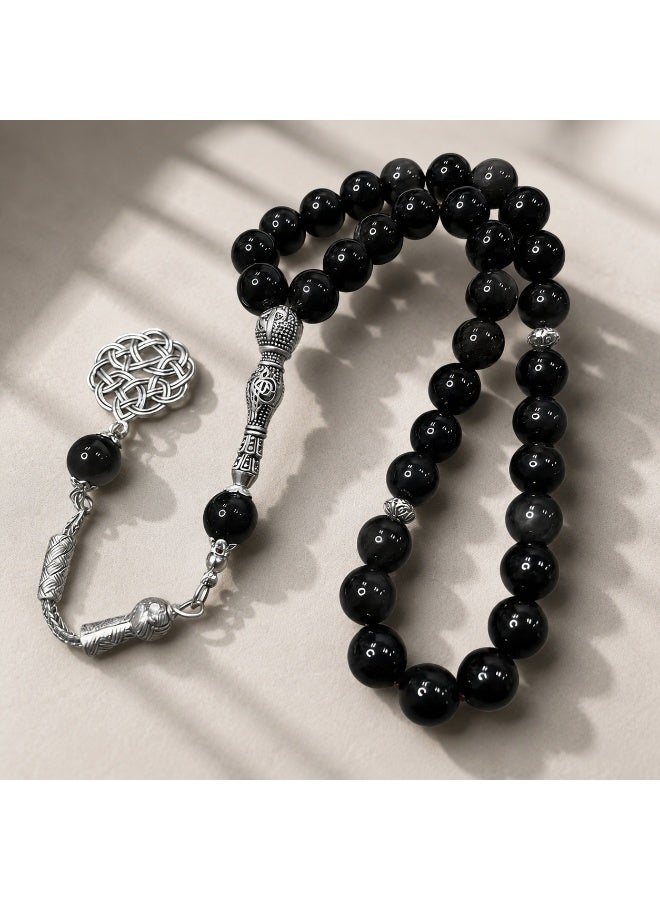 33-Bead Natural Silver Sheen Obsidian Tasbih, 10mm Islamic Prayer Beads with Vintage Silver Details - Image 4
