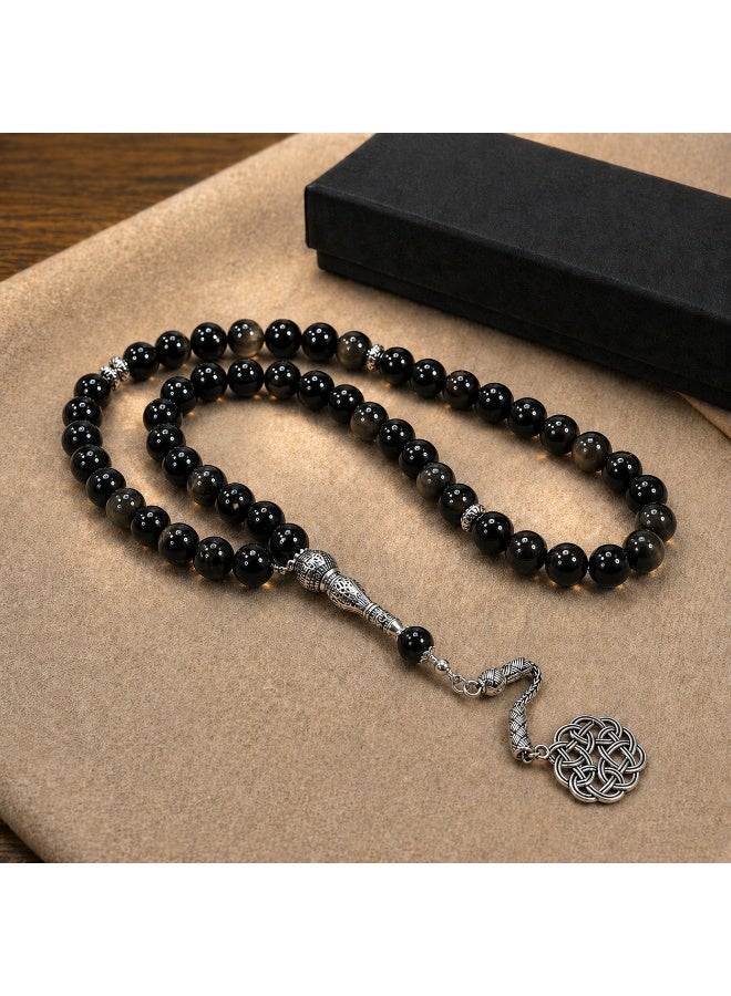 33-Bead Natural Silver Sheen Obsidian Tasbih, 10mm Islamic Prayer Beads with Vintage Silver Details - Image 2