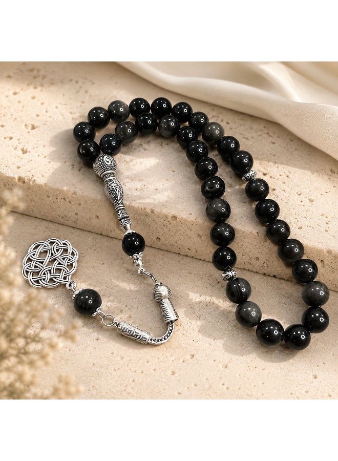 33-Bead Natural Silver Sheen Obsidian Tasbih, 10mm Islamic Prayer Beads with Vintage Silver Details - Image 1