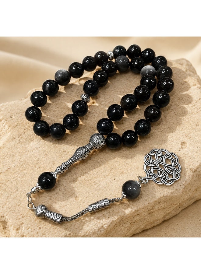 33-Bead Natural Silver Sheen Obsidian Tasbih, 10mm Islamic Prayer Beads with Vintage Silver Details - Image 5