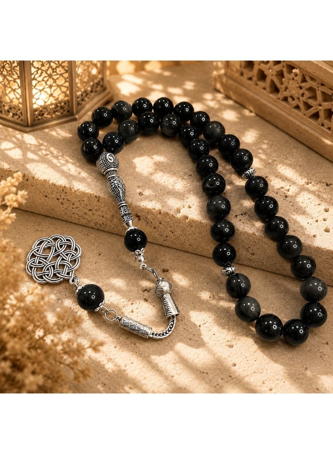 VEYRA 33-Bead Natural Silver Sheen Obsidian Tasbih, 10mm Islamic Prayer Beads with Vintage Silver Details - Image 4