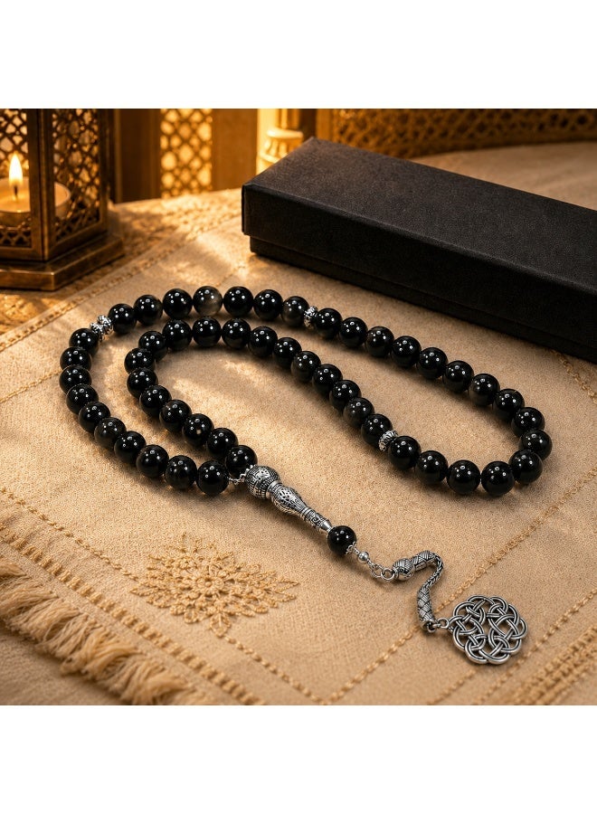 VEYRA 33-Bead Natural Silver Sheen Obsidian Tasbih, 10mm Islamic Prayer Beads with Vintage Silver Details - Image 3