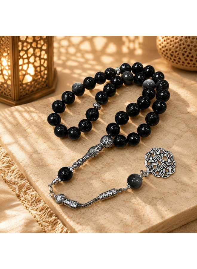 VEYRA 33-Bead Natural Silver Sheen Obsidian Tasbih, 10mm Islamic Prayer Beads with Vintage Silver Details - Image 2
