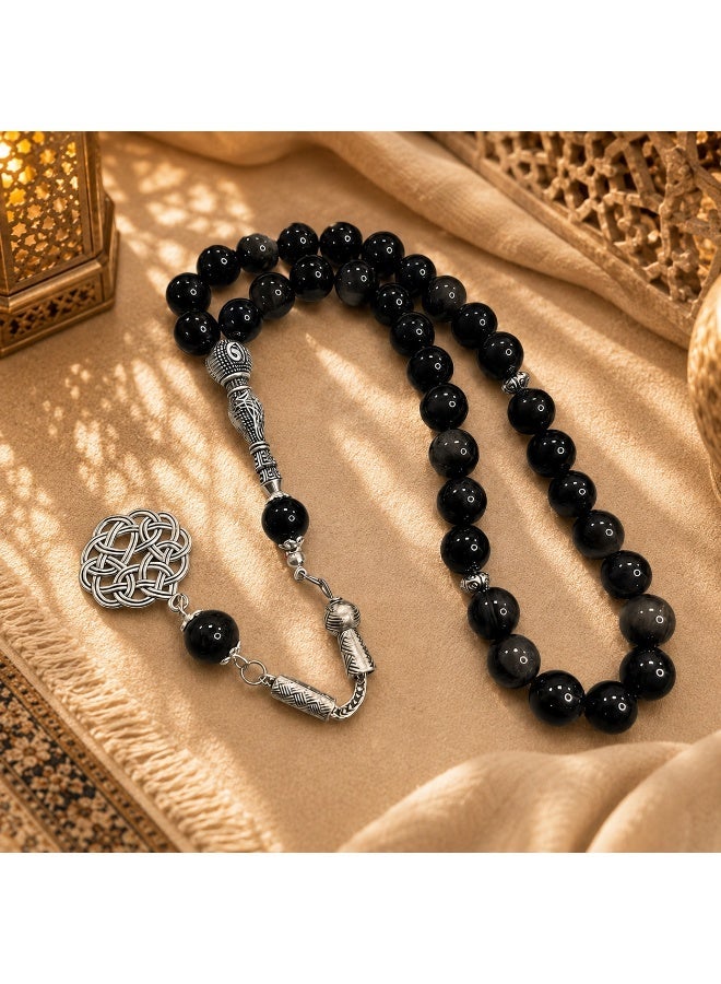 VEYRA 33-Bead Natural Silver Sheen Obsidian Tasbih, 10mm Islamic Prayer Beads with Vintage Silver Details - Image 5
