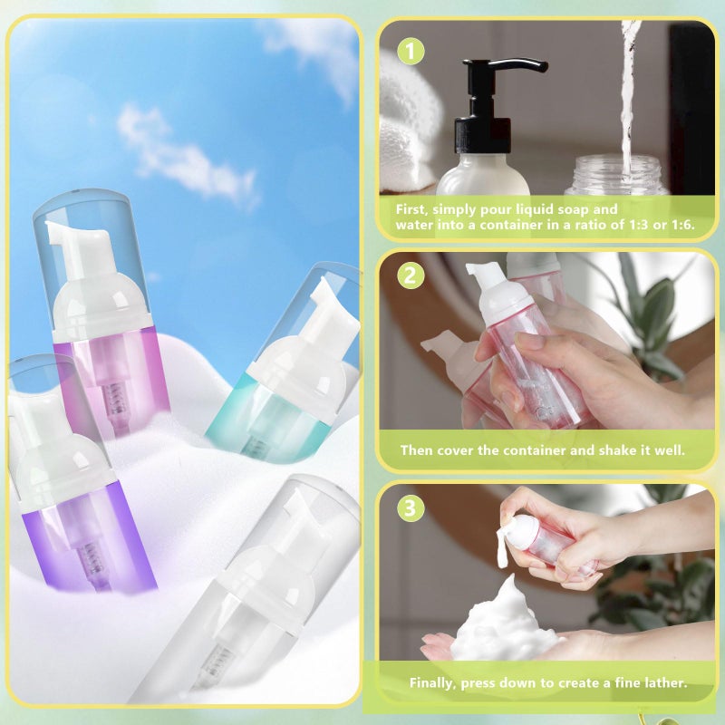 Rindion 4 Pack Foam Pump Bottle, 60 ml/2 oz Mini Empty Bottle Travel Foaming Dispenser, Plastic Mousse Foam Dispenser Pump for Soap, Shower Gel, Shampoo, Facial Cleanser - Mix Colors - Image 4