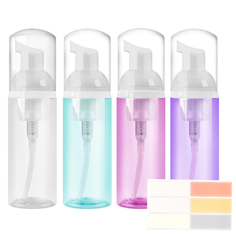 Rindion 4 Pack Foam Pump Bottle, 60 ml/2 oz Mini Empty Bottle Travel Foaming Dispenser, Plastic Mousse Foam Dispenser Pump for Soap, Shower Gel, Shampoo, Facial Cleanser - Mix Colors - Image 1