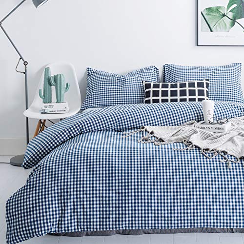 SUSYBAO Royal Blue Gingham Duvet Cover King 100% Washed Cotton Blue Plaid Duvet Cover 3 Pcs Set 1 Vintage Grid Checkered Duvet Cover with Zipper Ties 2 Pillowcases Blue White Gingham Bedding Set - Image 2