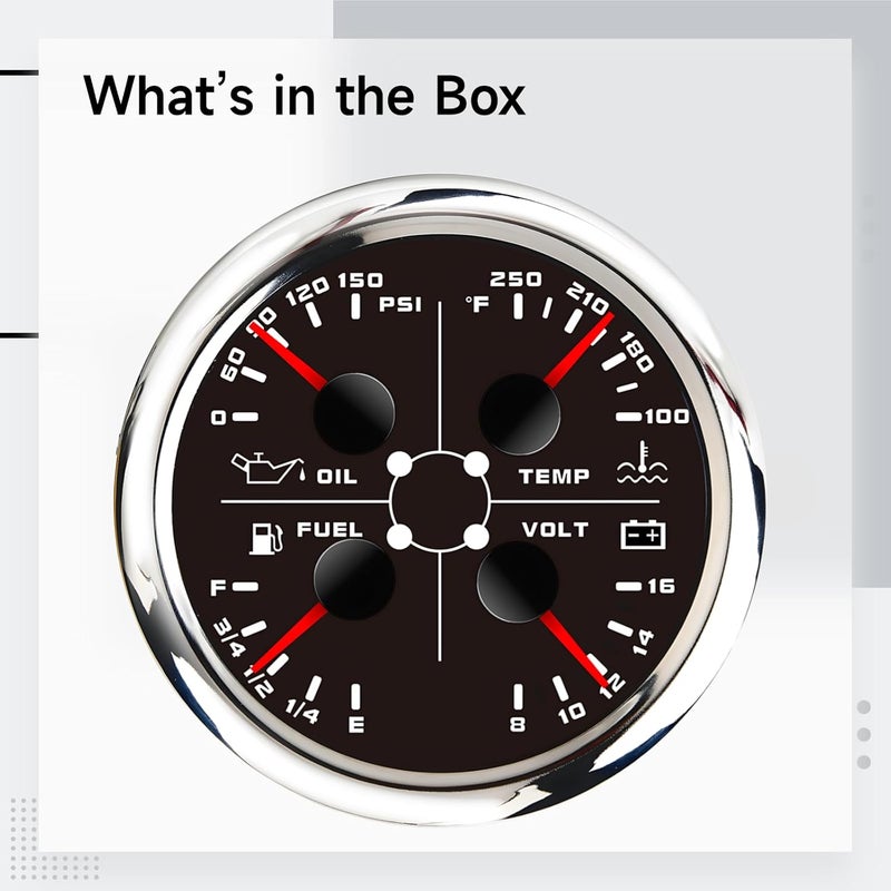 3.3 in Multifunction Boat Gauge, Oil Pressure, Water Temperature, Fuel Level, Voltage Meter, 9-32V Dc, 316 Stainless Steel - Image 5