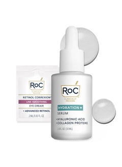 RoC RoC Hydration Hyaluronic Acid Serum for Face Hydrating Plumping Fragrance Free Lightweight Formula with Collagen Proteins 1 Ounce with Retinol Eye Cream Packette 