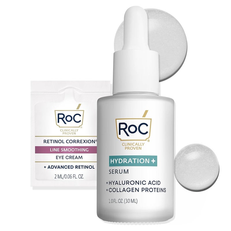 RoC Hydration Hyaluronic Acid Serum for Face Hydrating Plumping Fragrance Free Lightweight Formula with Collagen Proteins 1 Ounce with Retinol Eye Cream Packette