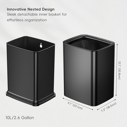 EKO Laguna 2.6 Gallon/10L Matte Black Stainless Steel Open Top Trash Can with Removable Inner Basket - Modern Bathroom & Office Waste Bin - Image 2