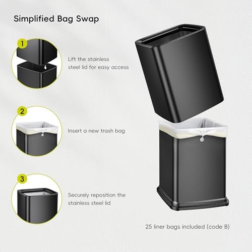 EKO Laguna 2.6 Gallon/10L Matte Black Stainless Steel Open Top Trash Can with Removable Inner Basket - Modern Bathroom & Office Waste Bin - Image 4
