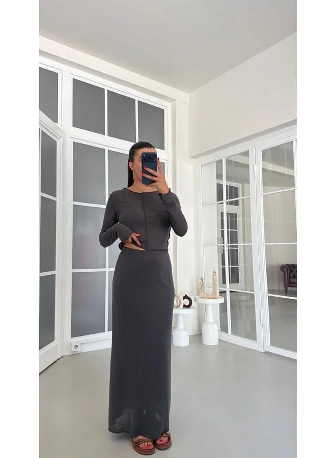 Gaus  Anthracite Stitched Detailed Sequin Waist Elastic Lined Skirt Duo Basic Set GAUS-01854. for Women | Best Price UAE