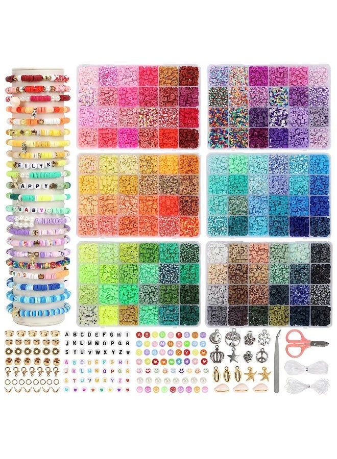 15000 Pcs Clay Beads Bracelet Making Kit, 6 Boxes Polymer Beads Spacer Heishi Beads & Jewelry Kit with Pendant Charms Elastic Strings, Crafts Gift for Kids Adults - Image 1