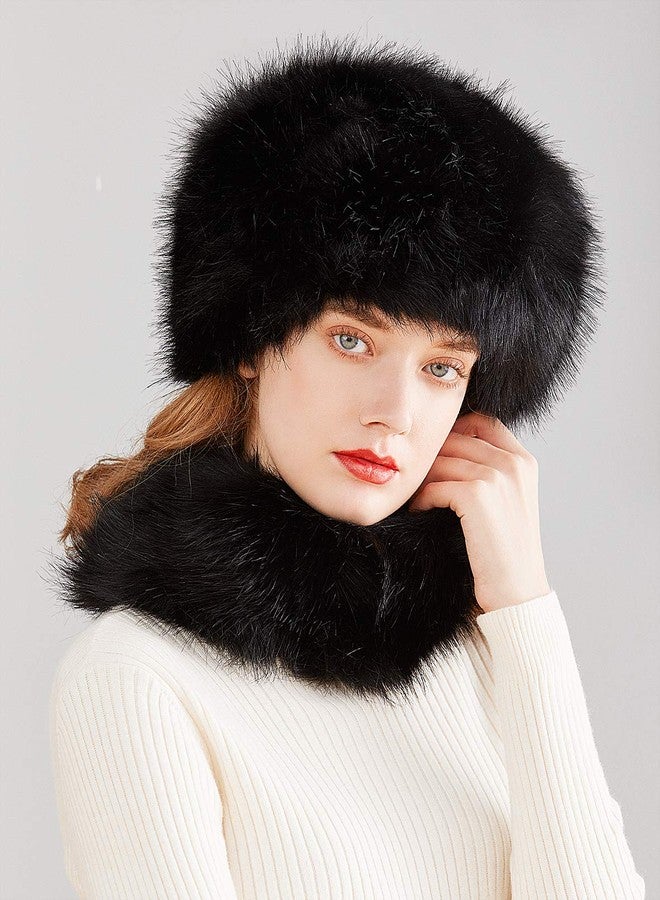 Lovful Faux Fur Women Russian Cossak Hat,Scarf Set for Ladies Winter,Black - Image 2