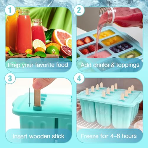 Slomg 12 Pieces Silicone Popsicles Molds, Reusable Popsicle Maker Holder with 50 Sticks, DIY Ice Cream Cake Pop Mold for Homemade Frozen Dessert Juice Fruit Easy Release Mint Green - Image 4