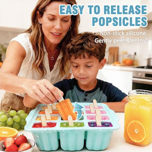 Slomg 12 Pieces Silicone Popsicles Molds, Reusable Popsicle Maker Holder with 50 Sticks, DIY Ice Cream Cake Pop Mold for Homemade Frozen Dessert Juice Fruit Easy Release Mint Green - Image 5