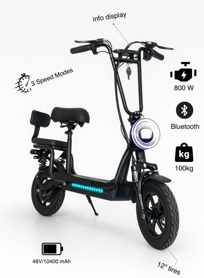 NIYAZI Electric Scooter | Electric Scooter with Extra Seat and Storage Basket | Electric Scooter for Adults | Electric Scooter with Two Seats | Foldable Electric Scooter | 48V Voltage | 800W Motor | Front and Rear Lights | Shock Absorption Suspension | Storage Bask | Extra Seat for Passenger | 12-Inch Tires - Image 1