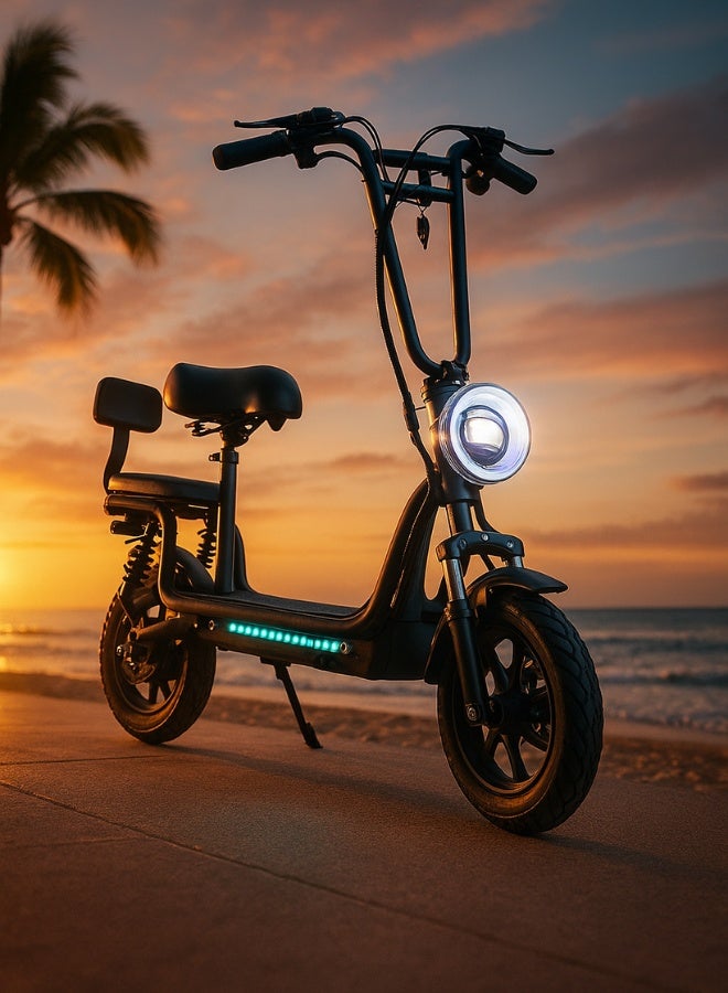 NIYAZI Electric Scooter | Electric Scooter with Extra Seat and Storage Basket | Electric Scooter for Adults | Electric Scooter with Two Seats | Foldable Electric Scooter | 48V Voltage | 800W Motor | Front and Rear Lights | Shock Absorption Suspension | Storage Bask | Extra Seat for Passenger | 12-Inch Tires - Image 4