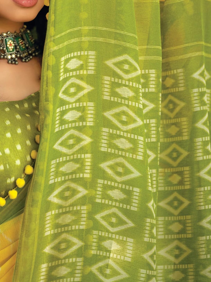 SAREE MALL Women's Cotton Blend Ikat Printed Saree With Unstitched Blouse Piece(Yellow_PUMPUM11I_SR) - Image 5