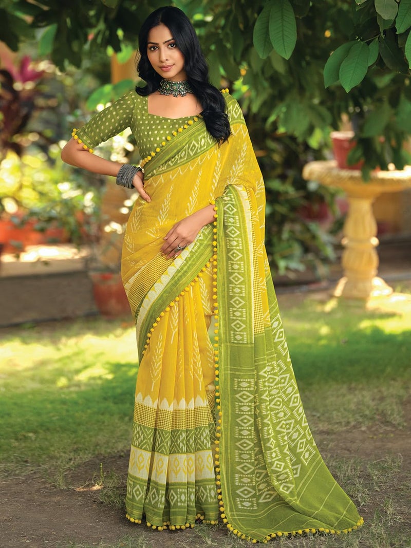 SAREE MALL Women's Cotton Blend Ikat Printed Saree With Unstitched Blouse Piece(Yellow_PUMPUM11I_SR) - Image 3