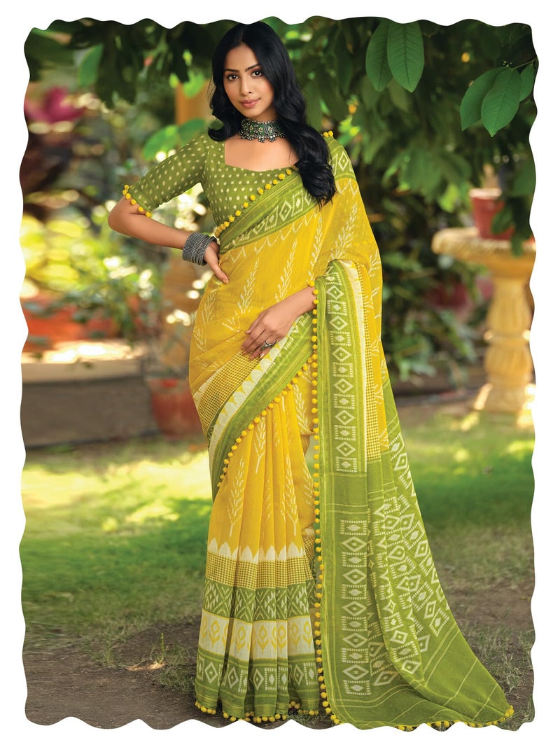 SAREE MALL Women's Cotton Blend Ikat Printed Saree With Unstitched Blouse Piece(Yellow_PUMPUM11I_SR) - Image 1